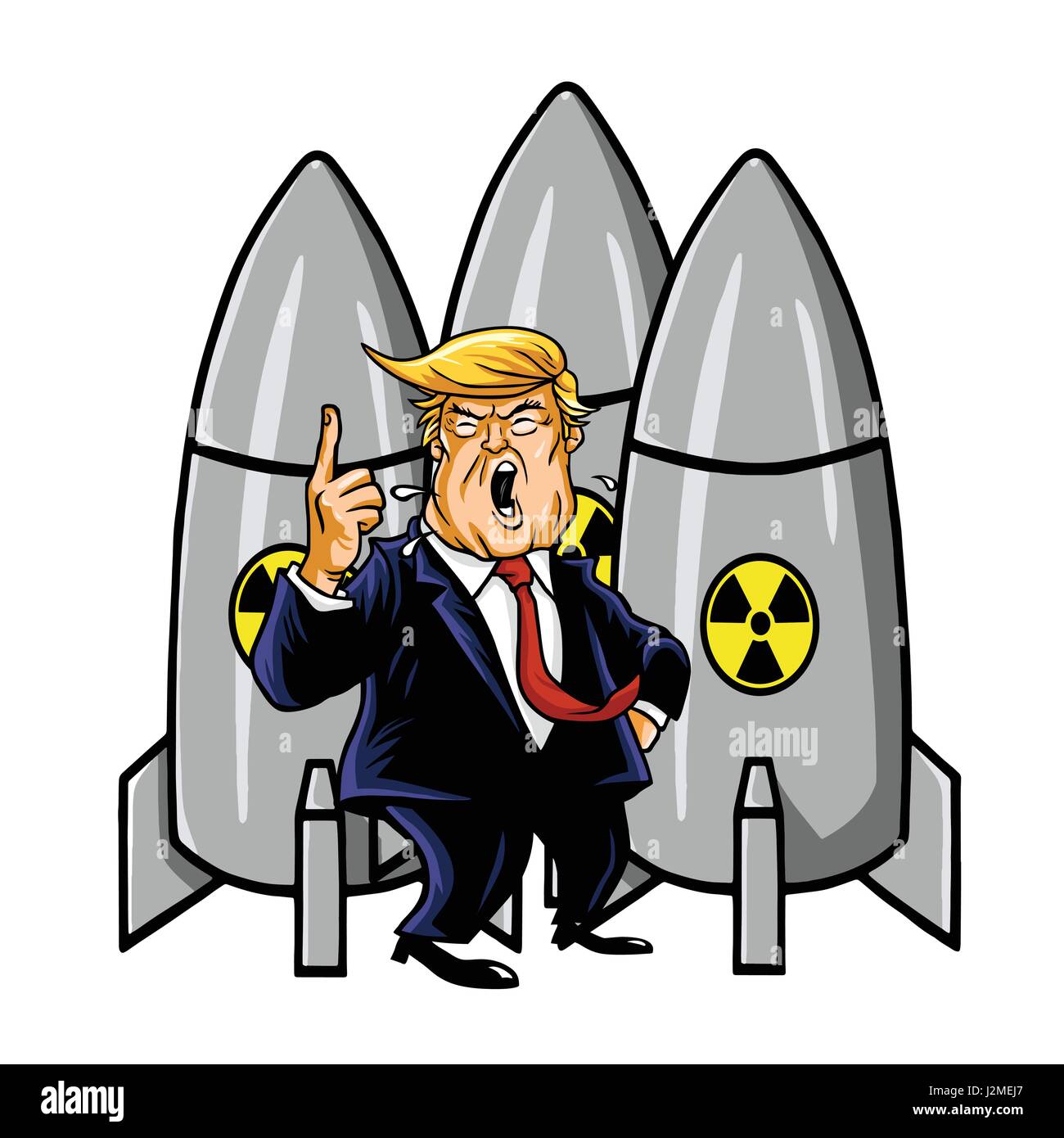 Donald Trump mit Atomwaffen. Cartoon-Vektor-Illustration. 28. April 2017 Stock Vektor