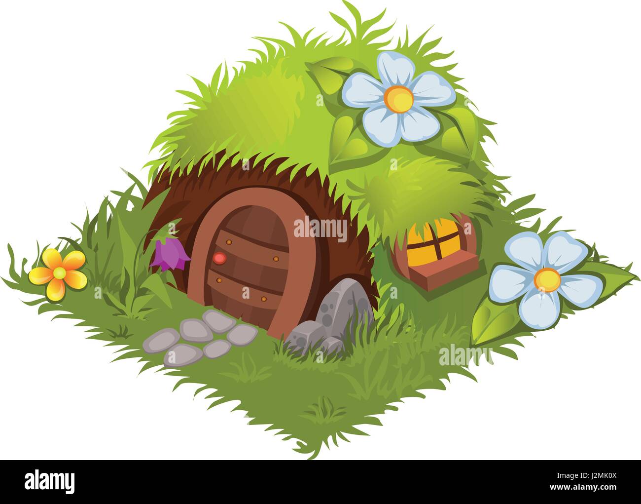 Isometrische Cartoon Fantasy Hobbit Dorfhaus mit den Blumen - Elemente für Plattenset Karte Stock Vektor