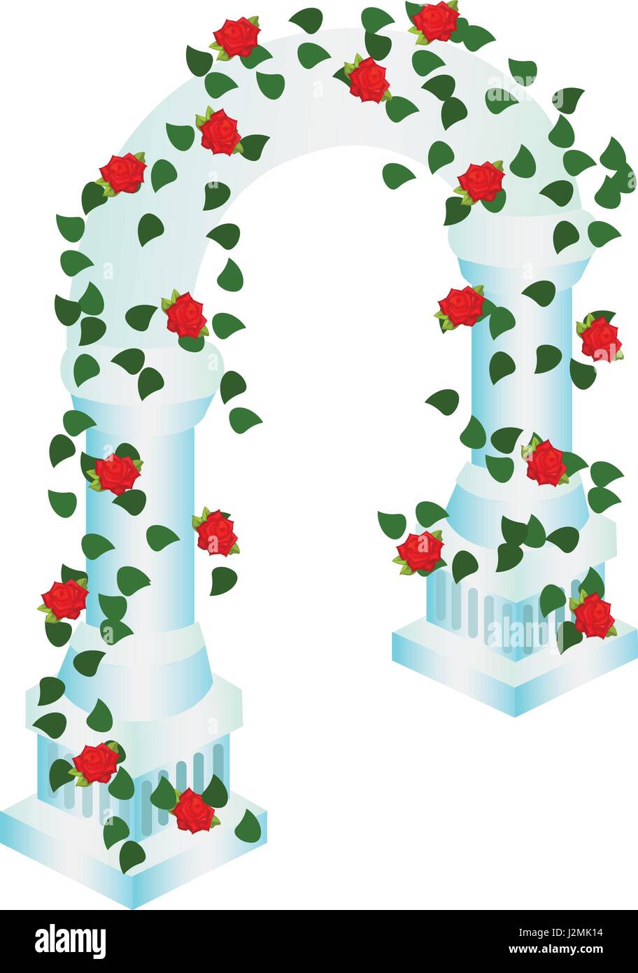 Isometrische Cartoon Hochzeitszeremonie Bogen Kuppel mit roten Rosen und grünen verziert Blätter Stock Vektor