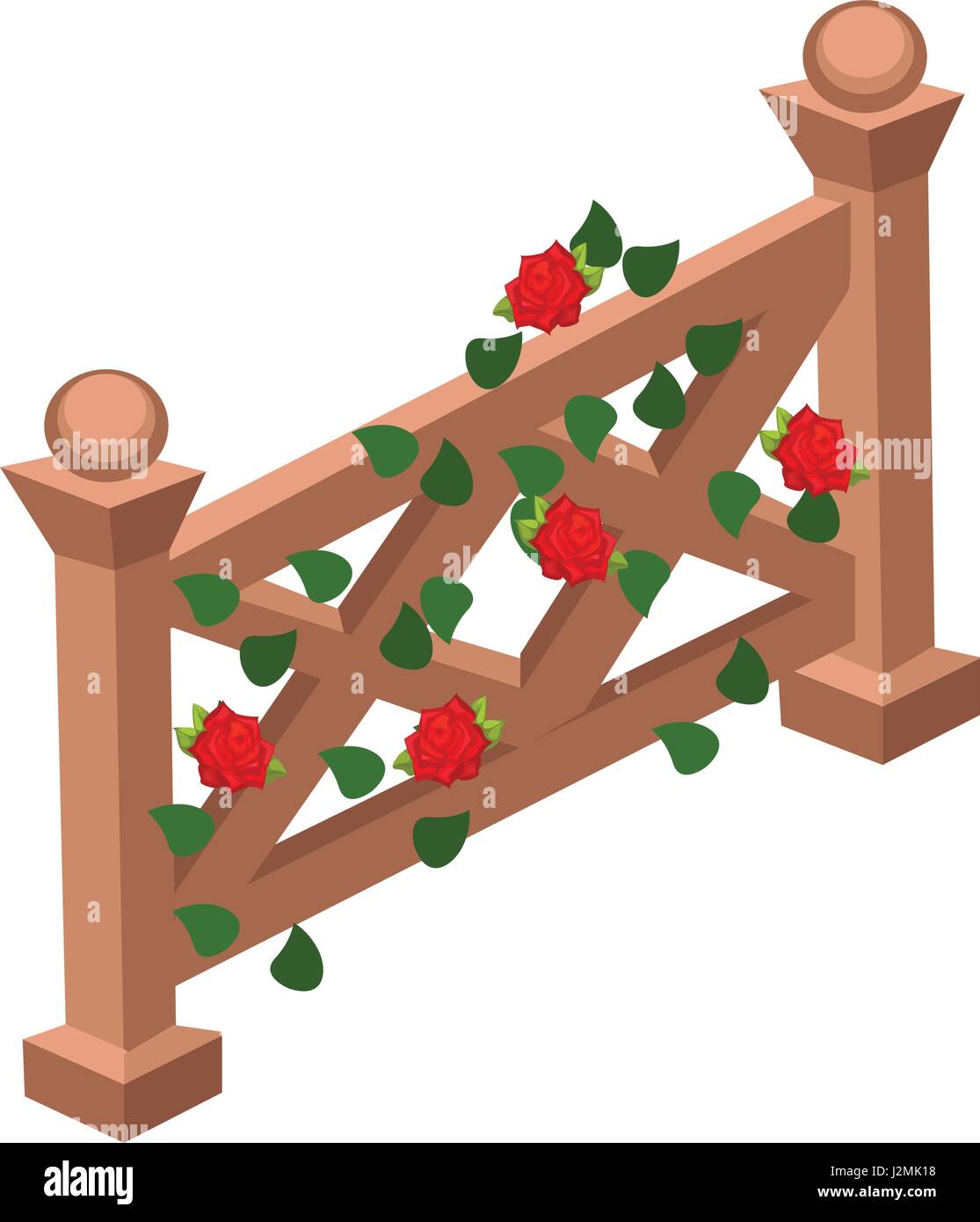Isometrische Cartoon Holzzaun oder Gate verziert mit roten Rosen und grünen Blätter Stock Vektor