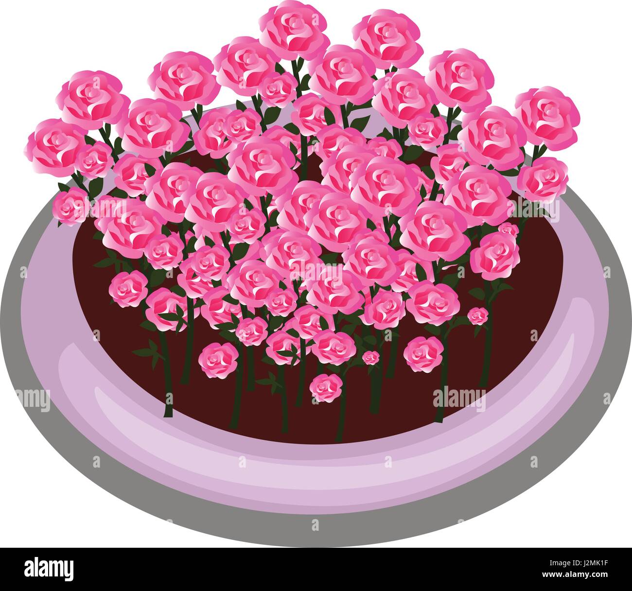 Isometrische Cartoon Bush Blumenbeet mit roten Rosen - Elemente für Plattenset Karte, Landschaftsgestaltung Stock Vektor