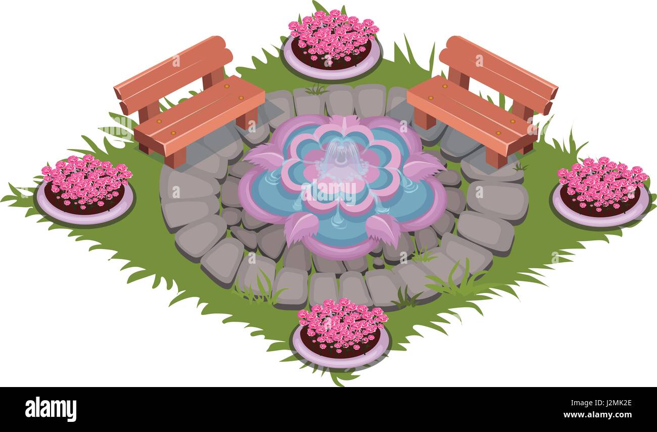 Isometrische Cartoon gepflastert quadratischen Innenhof mit Brunnen, Bänke und Blumenbeete Stock Vektor