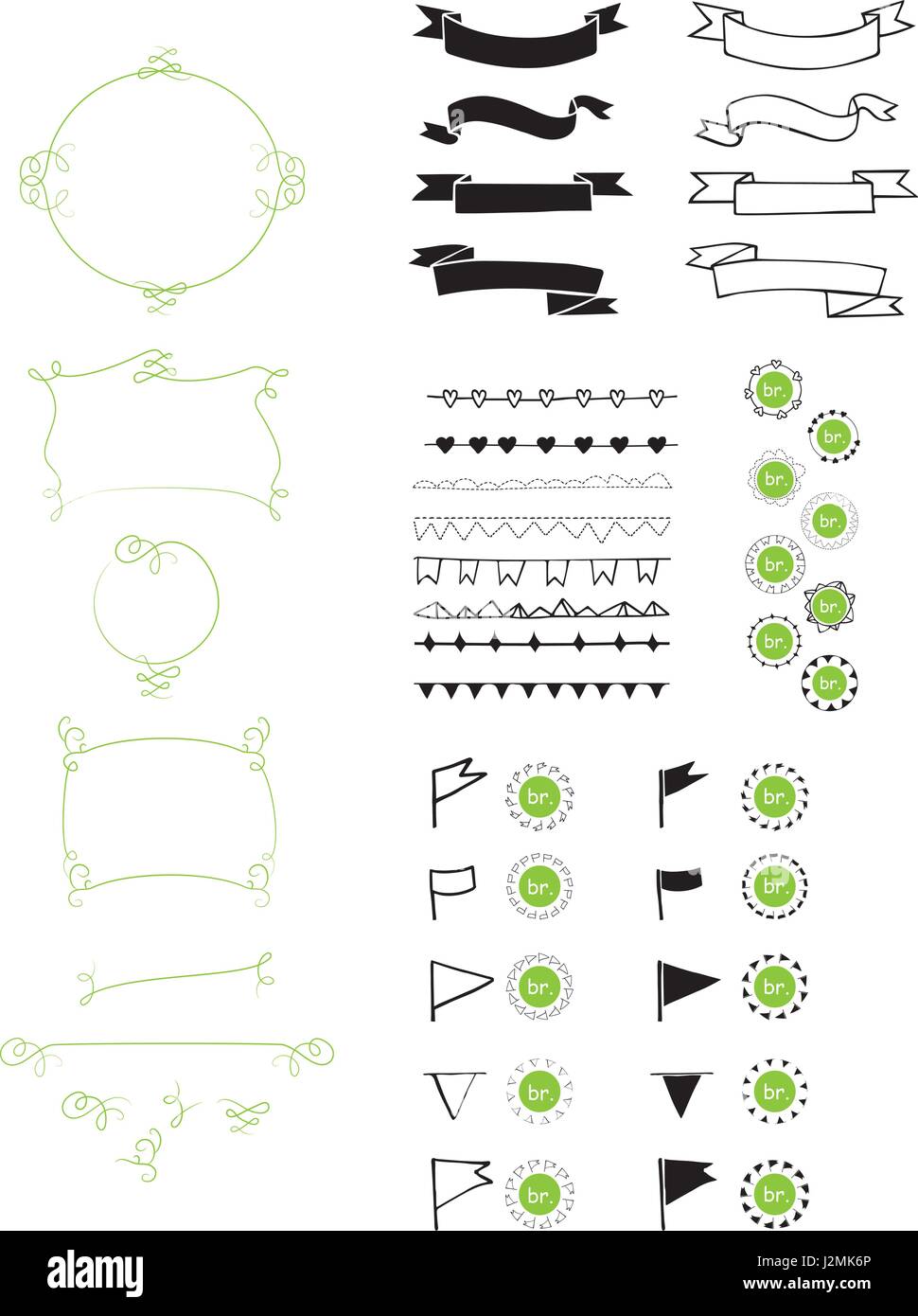Handgezeichneten Satz Zierleisten, Bänder, Abzeichen, Fahnen und Vignetten in minimalistischen Vektor Stock Vektor