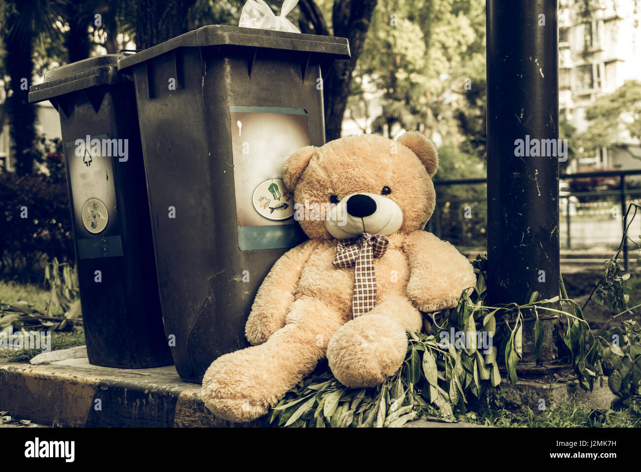 Der Teddybär wurde Wurf entfernt sitzen Seite den Müll Müll Stockfoto