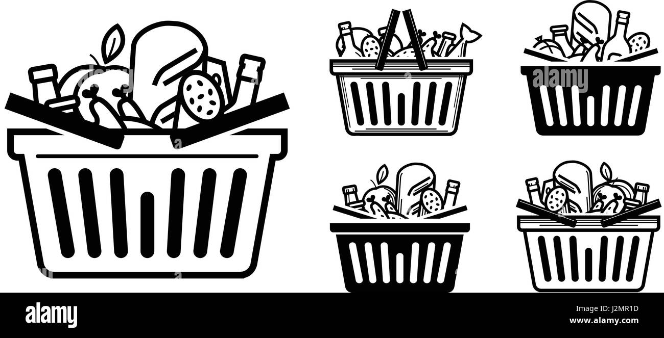 Grocery Store-Symbol. Shopping Cart oder Korb voll mit Essen und Getränken. Vektor-illustration Stock Vektor