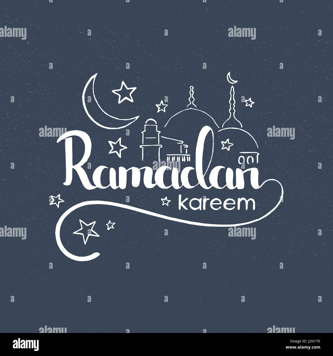 Ramadan Kareem handschriftlich Schriftzug. Moderne Vektor handgezeichnete Kalligraphie mit Moschee und Grunge überlagern Textur auf grauem Hintergrund Stock Vektor