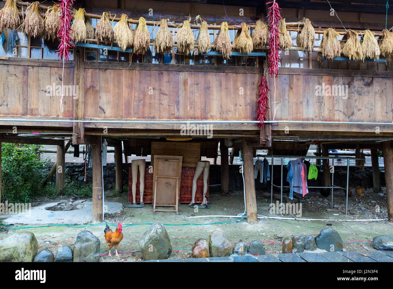 Zhaoxing, Guizhou, China, ein Dong Minderheit Dorf.  Rückseite eines Hauses und Shop.  Reis und Chilis trocknen, Schaufensterpuppe Beine gespeichert werden. Stockfoto