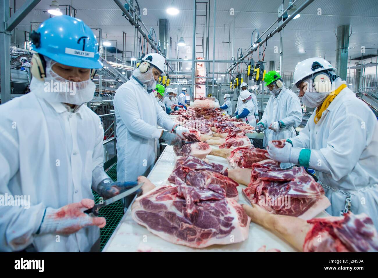 Arbeiter auf der Linie bei Triumph Lebensmittel Schweinefleisch verarbeitenden Anlage 28. April 2017 in St. Joseph, Missouri. Stockfoto