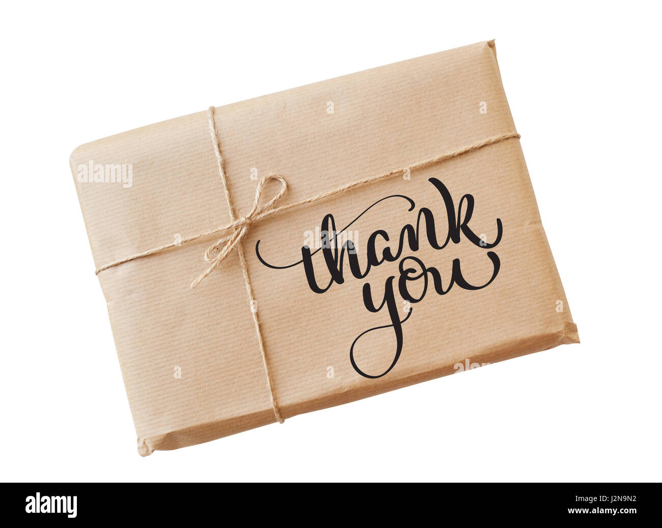 Umschlag-Kraftpapier mit Schnur auf einen weißen Hintergrund und Text Thank You gebunden. Kalligraphie-Schriftzug Hand zeichnen Stockfoto