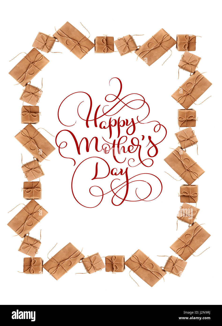 schöner Rahmen von Geschenk-Boxen und Text Happy Muttertag. Kalligraphie-Schriftzug Hand zeichnen Stockfoto