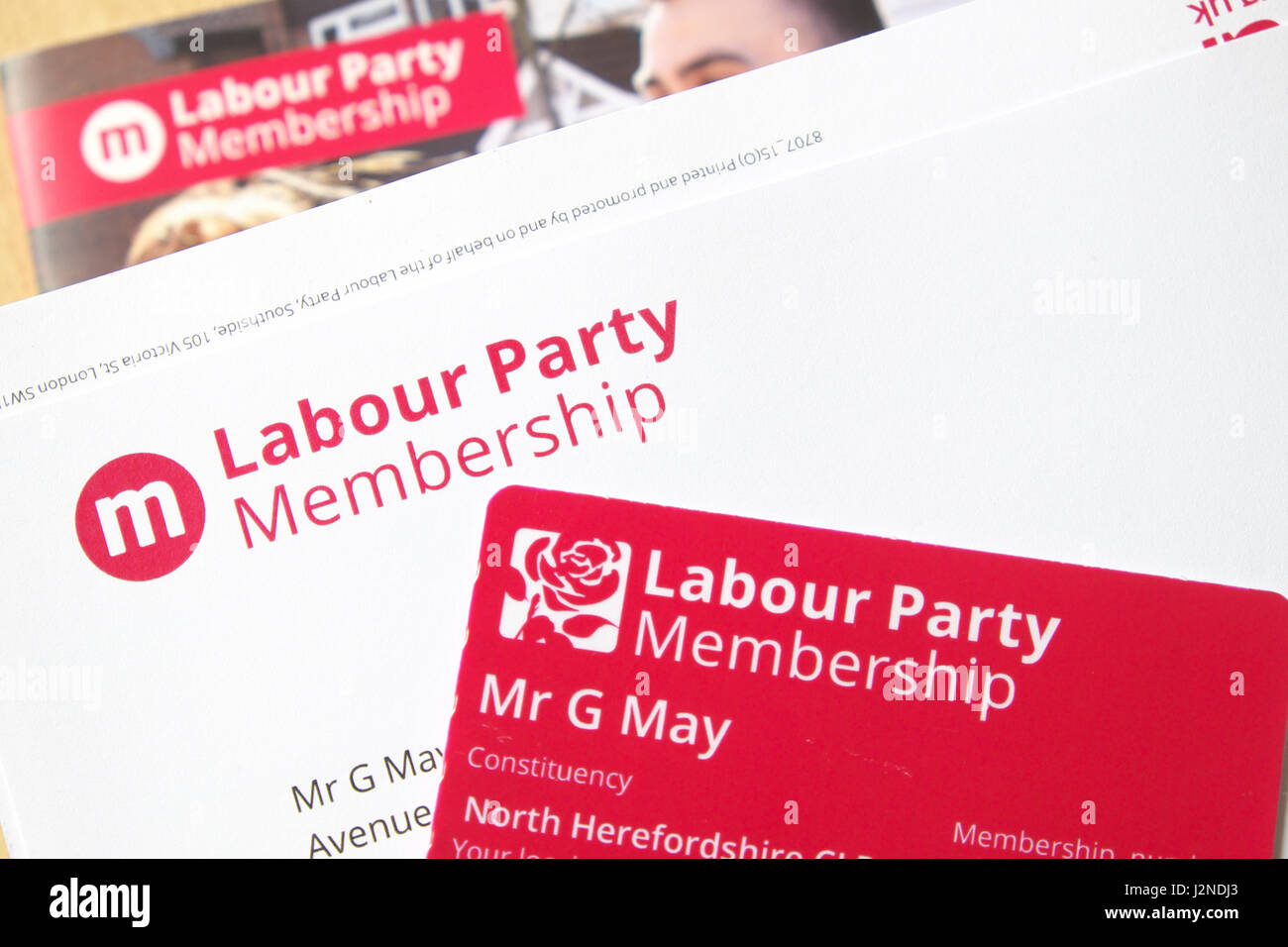 Labour Party-Mitgliedskarte und Willkommenspaket 2017 Stockfoto