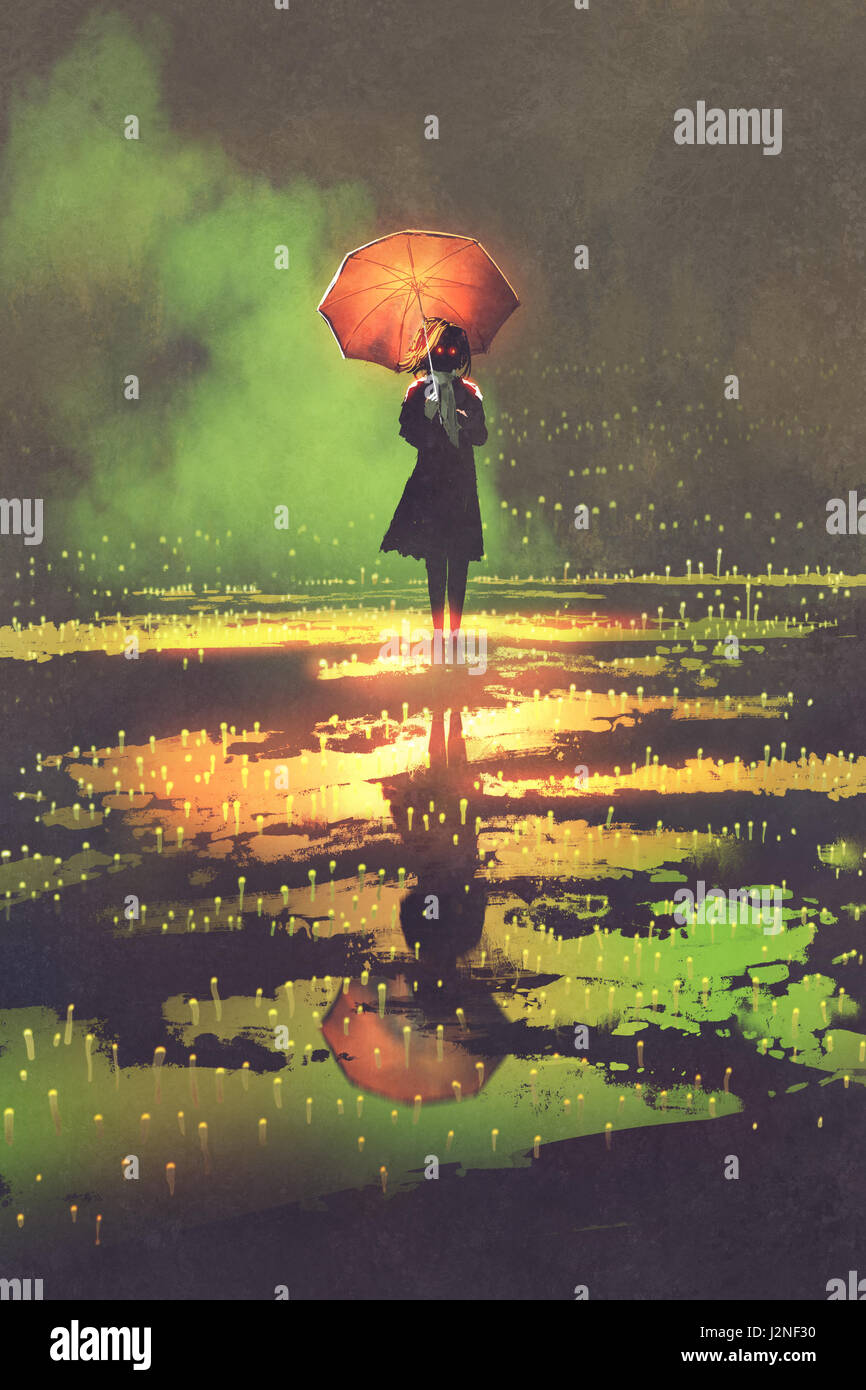 Dark Fantasy Konzept der mysteriösen Frau hält Regenschirm stehen in einer Pfütze, digitale Illustration Malerei Stockfoto
