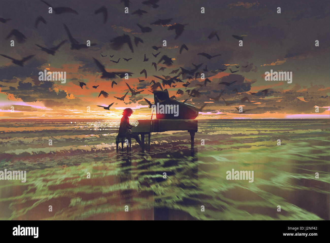 digitale Kunst des Mannes Klavierspiel unter Menge Vögel am Strand bei Sonnenuntergang, Illustration Malerei Stockfoto