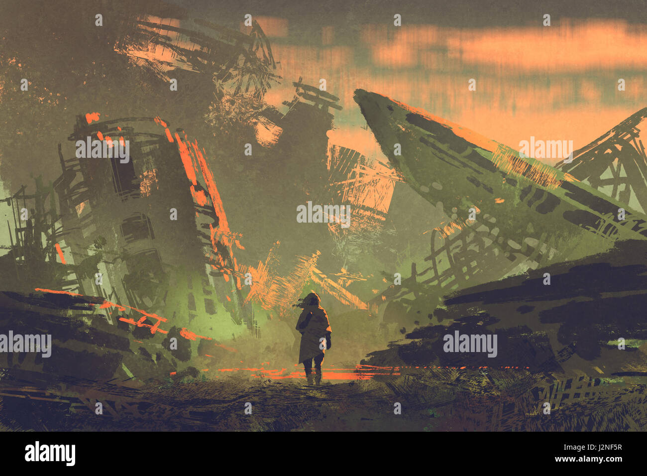 Szene des Mannes zu Fuß aus zerstörten Flugzeugen bei Sonnenuntergang mit digitaler Kunststil, Illustration, Malerei Stockfoto