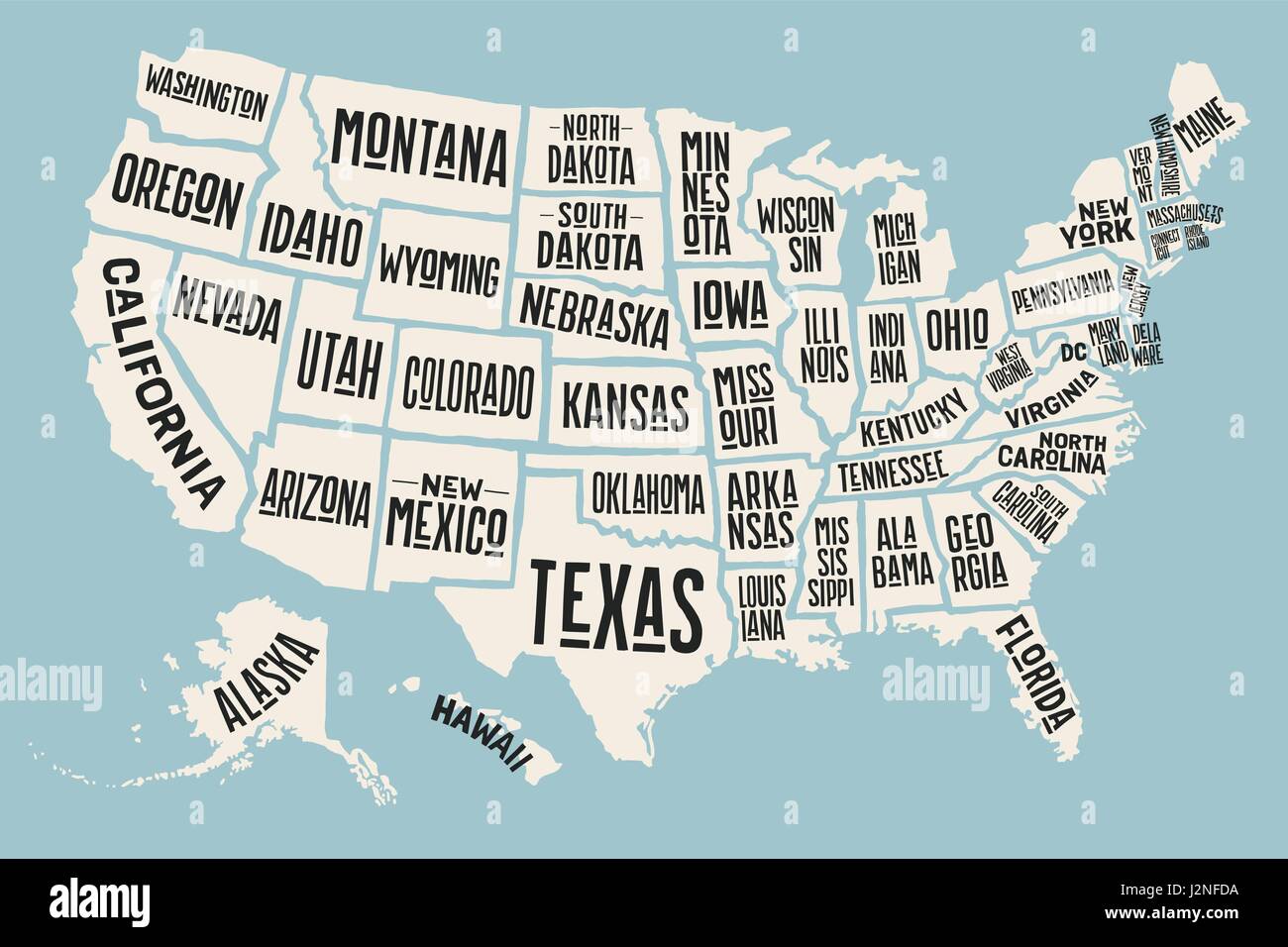 Poster Landkarte Vereinigte Staaten von Amerika mit Statusnamen Stock Vektor