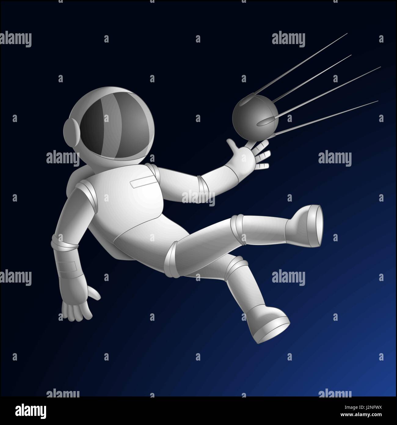 Kosmonaut oder Astronaut fangen Satelliten Sputnik im offenen Raum im Cartoon-Stil gezeichnet Stock Vektor