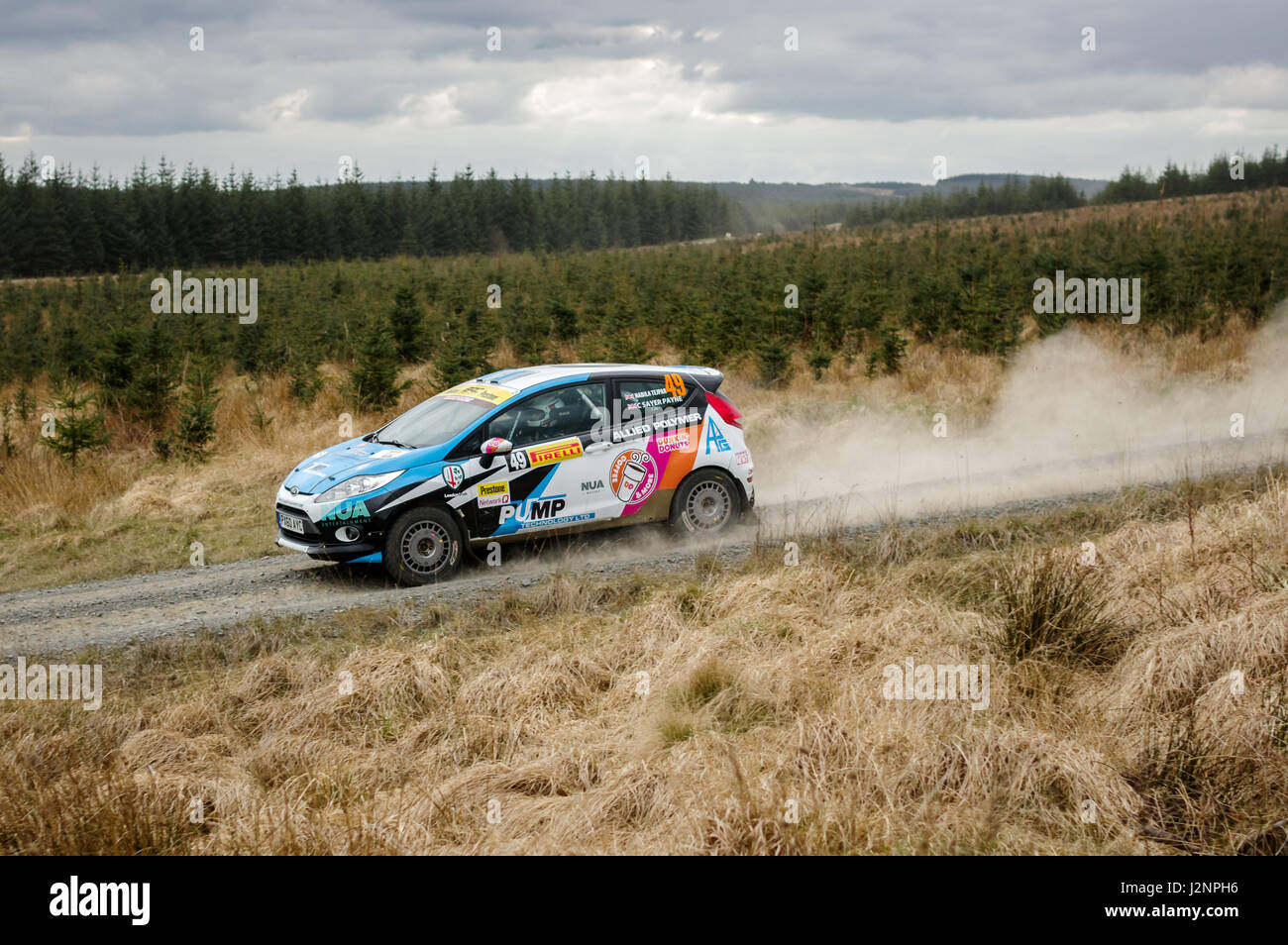 Wark, UK 29. April 2017: Rallye-Auto, die Teilnahme an der Pirelli International Rally 2017 (BRC Abschnitt).  Nabila Tejpar Fahrer und Beifahrer Charley Sayer Payne in einem Ford Fiesta R2.  Bildnachweis: ColobusYeti/Alamy Live-Nachrichten. Stockfoto