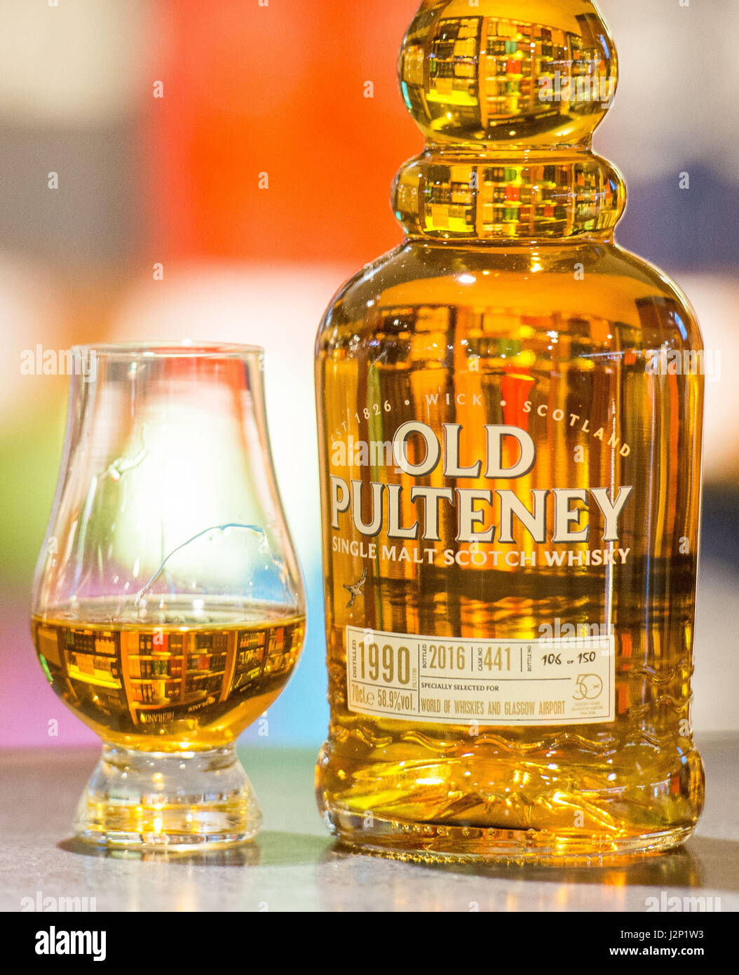 Old Pulteney, Flughafen Glasgow, World of Whiskies Stockfoto