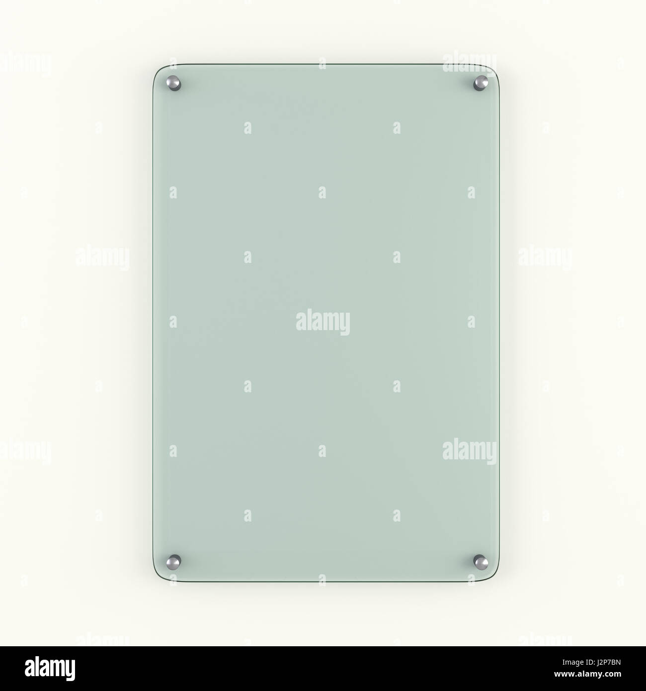 Glasplatte mit Metallnieten an Wand befestigt Stockfoto