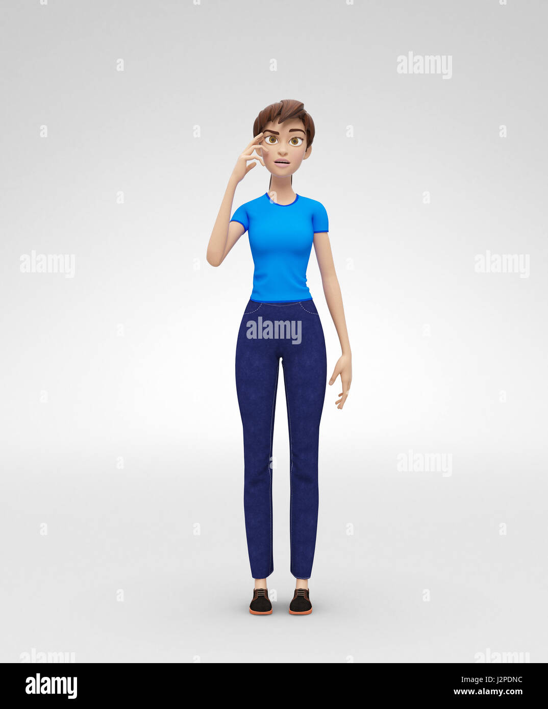 Verloren und betroffenen psychische Jenny - 3D Cartoon weiblichen Charaktermodell - Problem, dem widersprochen wird ernst Stockfoto