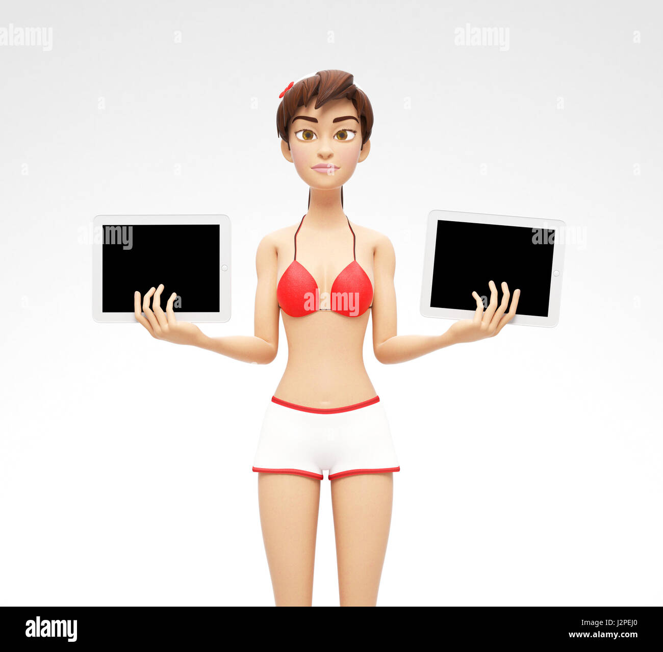 Zwei Tablet-Gerät-Mockups mit leere Bildschirme von Ernst Jenny - 3D Cartoon weibliche Figur im Badeanzug Bikini statt Stockfoto