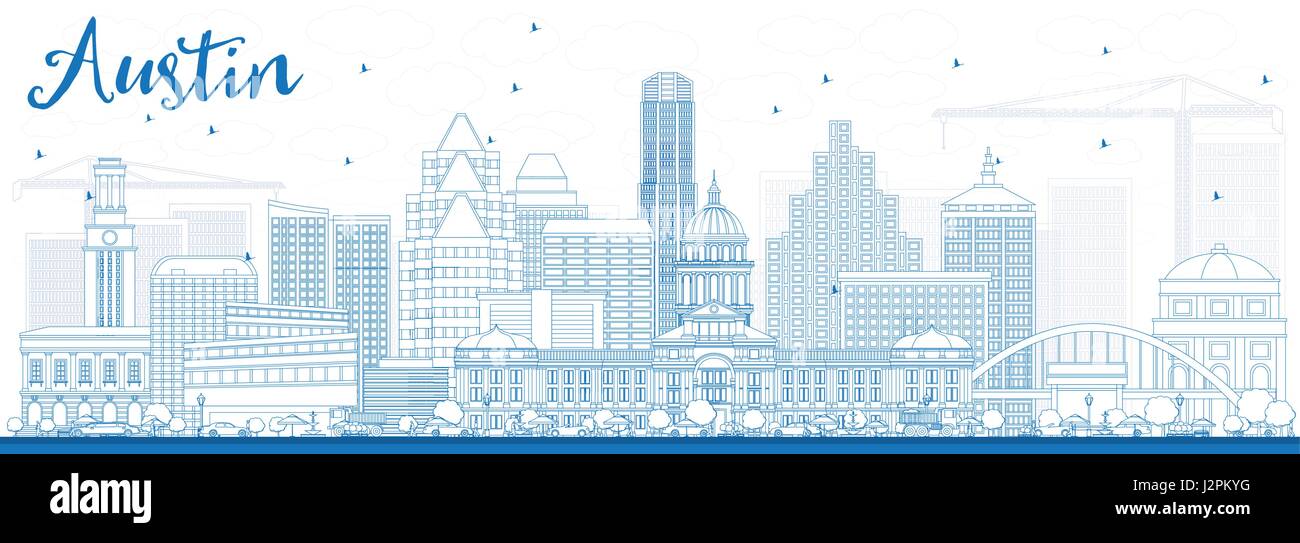 Skyline von Austin mit blauen Gebäude zu skizzieren. Vektor-Illustration. Geschäftsreisen und Tourismus-Konzept mit moderner Architektur. Bild für die Präsentation Stock Vektor