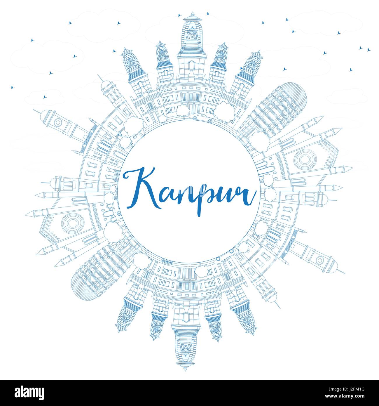 Umriss Kanpur mit blauen Gebäuden und textfreiraum Skyline. Vektor-Illustration. Geschäftsreisen und Tourismus-Konzept mit historischer Architektur. Stock Vektor