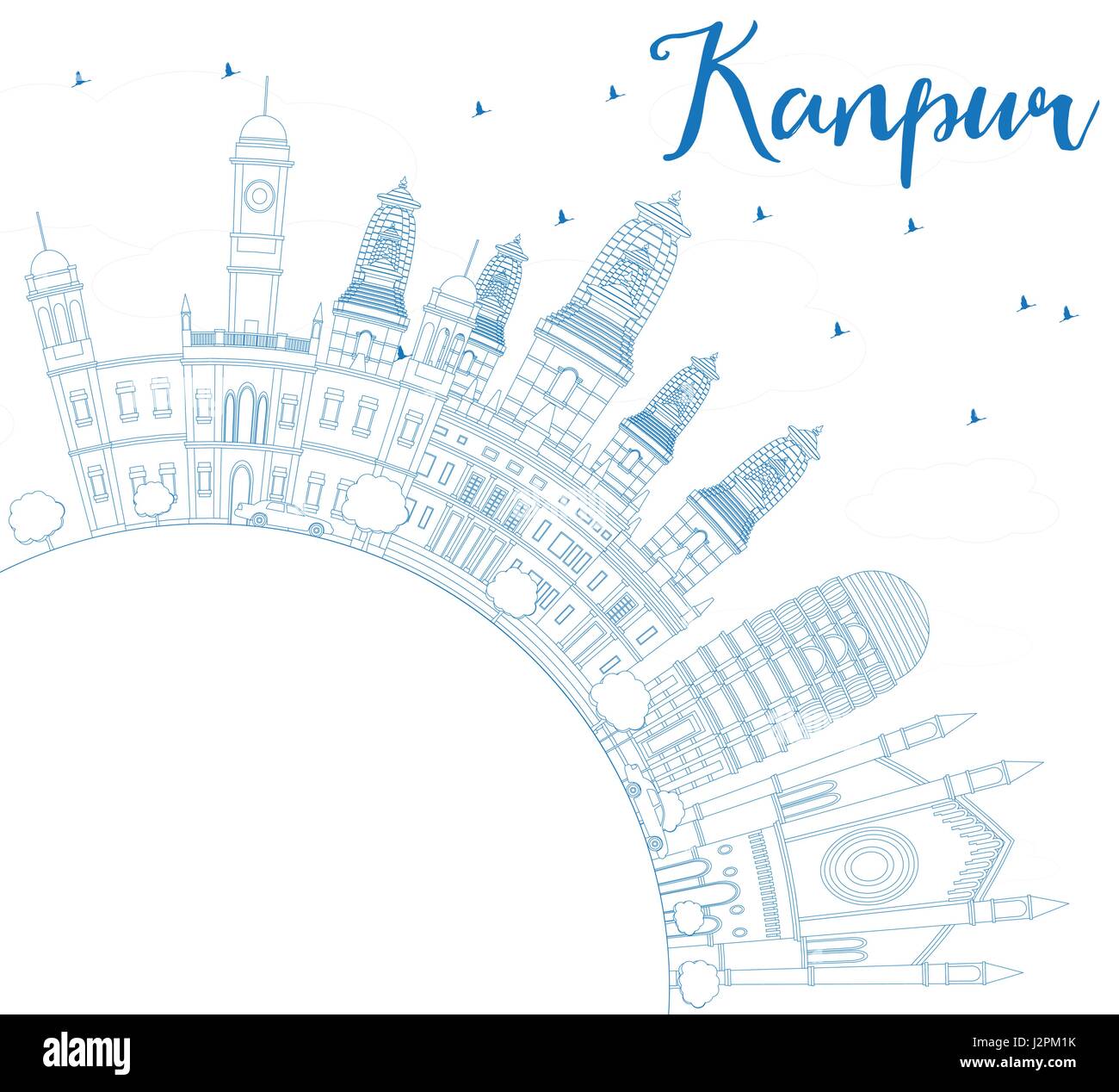 Umriss Kanpur mit blauen Gebäuden und textfreiraum Skyline. Vektor-Illustration. Geschäftsreisen und Tourismus-Konzept mit historischer Architektur. Stock Vektor
