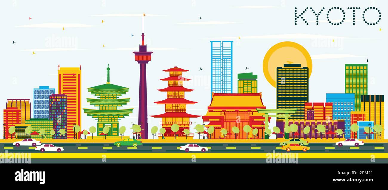 Kyoto Skyline mit Farbe Gebäude und blauer Himmel. Vector Illustration. Business Travel und Tourismus Konzept mit historischer Architektur. Stock Vektor