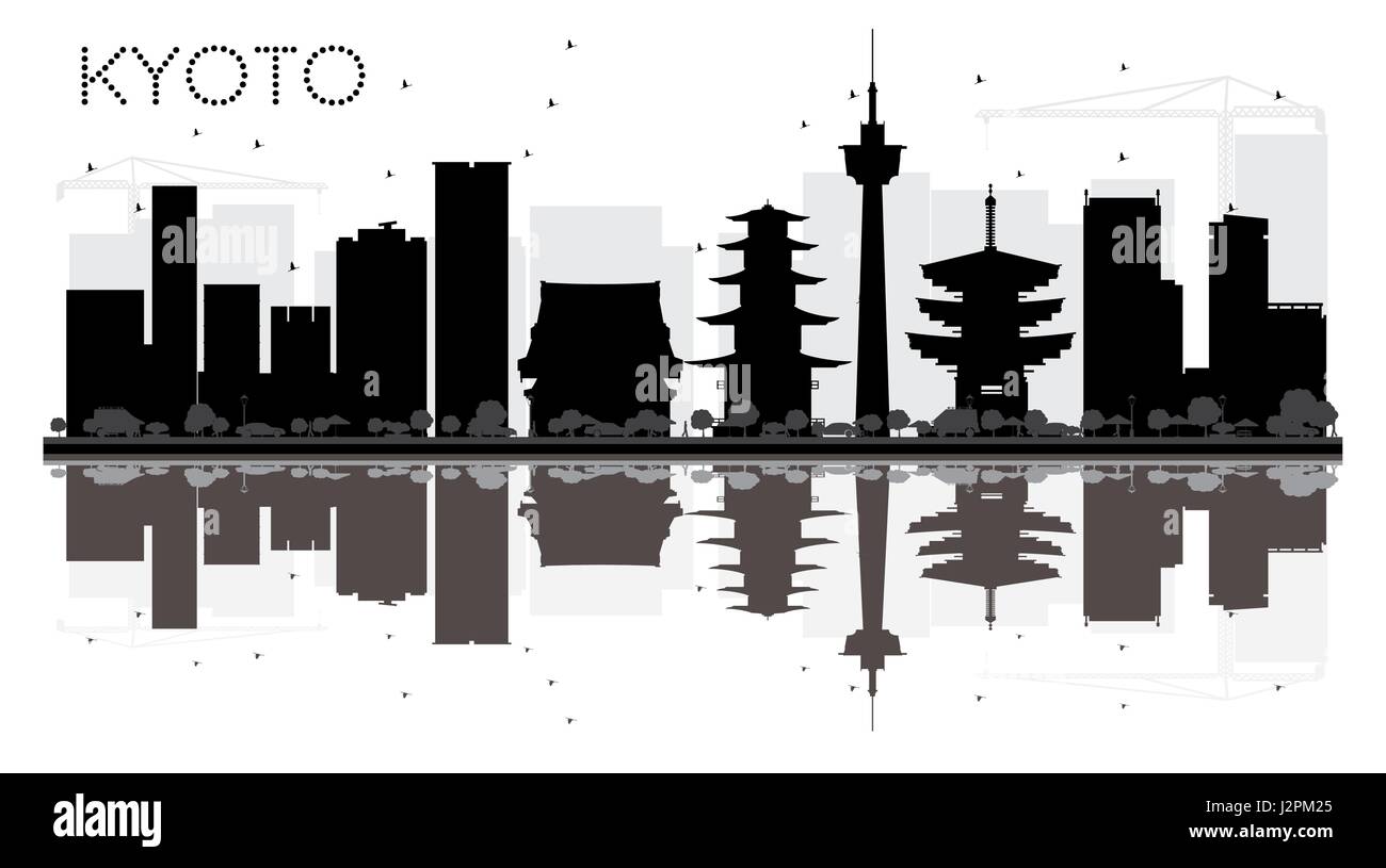 Kyoto City Skyline schwarze und weiße Silhouette mit Reflexionen. Vector Illustration. einfache flache Konzept für Tourismus Präsentation, Banner, Plakat Stock Vektor