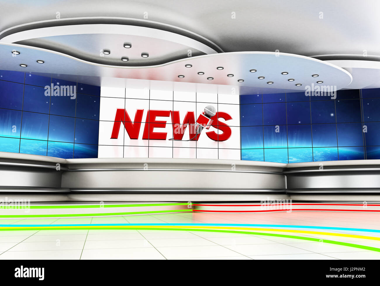 Moderne News-Studio mit großen TV-Bildschirmen. 3D Illustration. Stockfoto