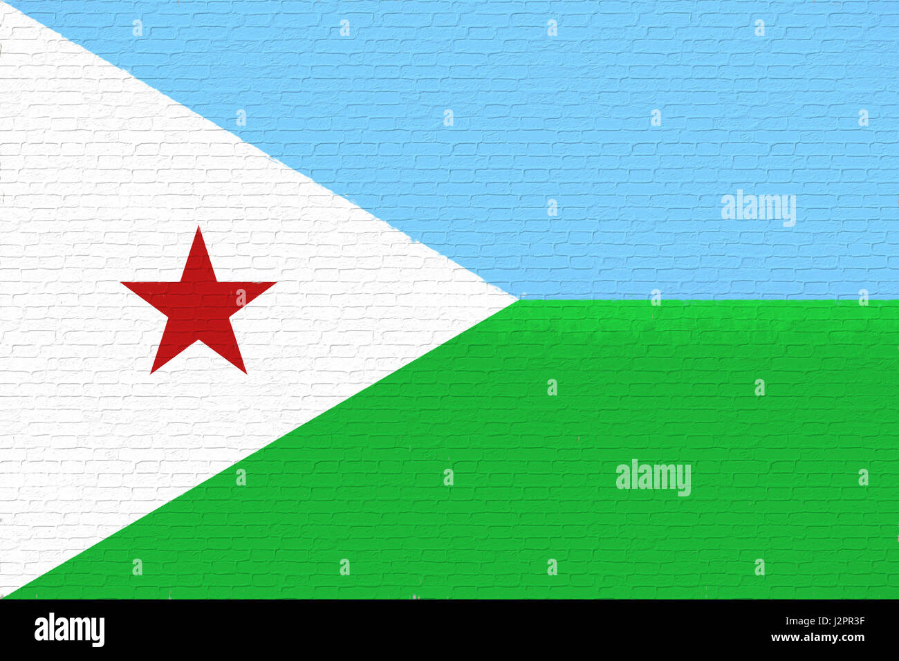 Abbildung der nationalen Flagge Dschibutis sah aus wie es ist auf die Wand gemalt. Stockfoto
