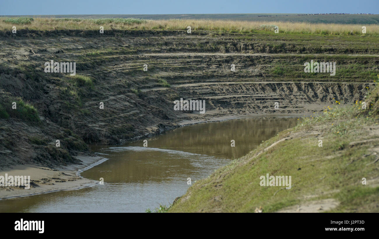 Ein kleiner Nebenfluss des Flusses Yuribey, das größte auf der Jamal-Halbinsel. Länge - 340 km. Die Küste wird ständig weiterentwickelt. Stockfoto