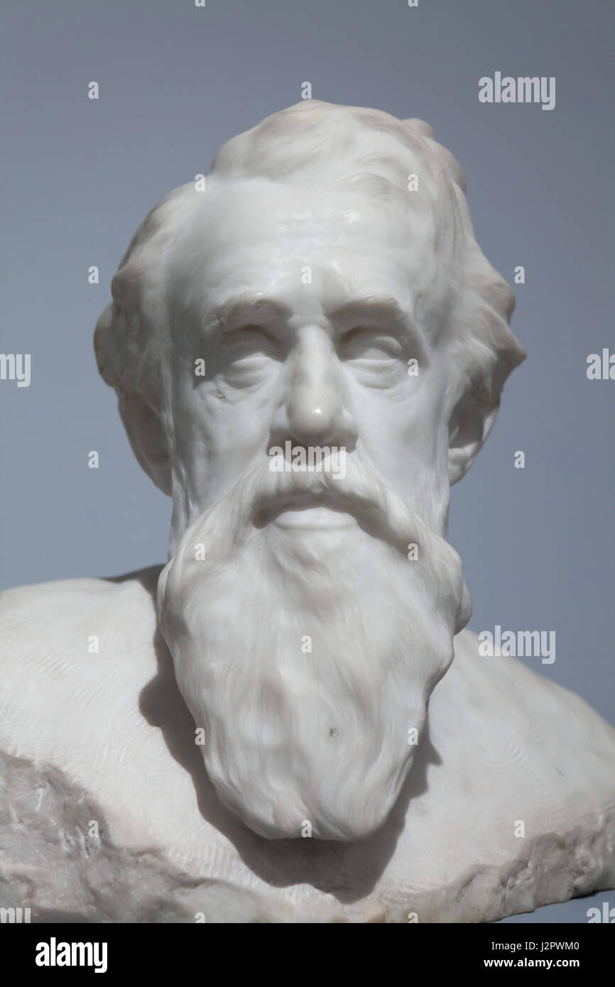 Belgischer Bildhauer Constantin Meunier. Marmorbüste des belgischen Bildhauers Victor Rousseau auf dem Display in den Königlichen Museen der schönen Künste in Brüssel, Belgien. Stockfoto