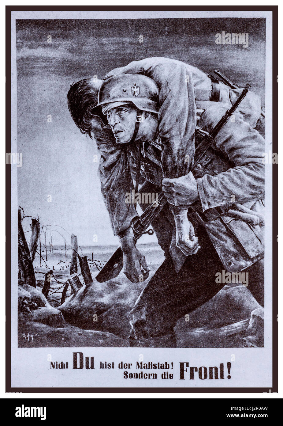 2. Weltkrieg Deutsch Rekrutierung Propagandaplakat zeigt einen deutschen Soldat auf dem Schlachtfeld verwundeten Kameraden bitten, "Du bist nicht der Standard vor allem an der Front" zu tragen! Stockfoto
