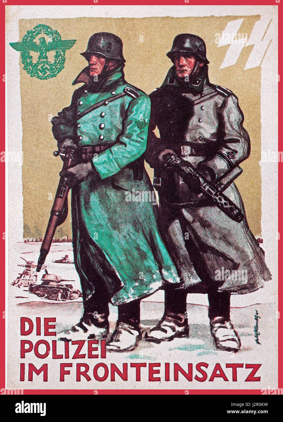 2. Weltkrieg offizielle Nazi-Deutschland Propaganda Postkarte beschriftet "The Police in Frontline Pflicht" auf den östlichen vorderen russischen Winter offensive Stockfoto