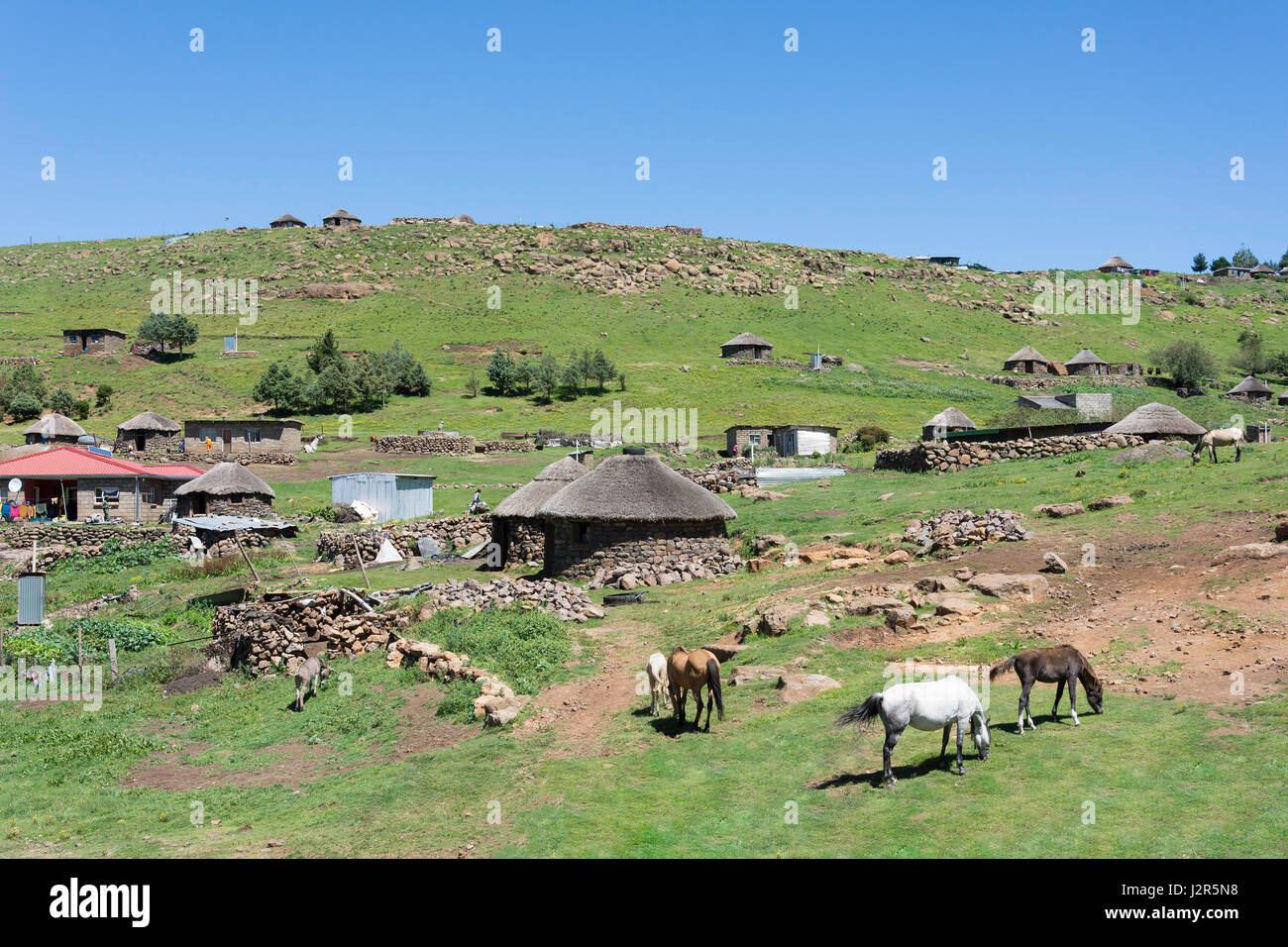 Kleine Siedlung auf Weg nach Semonkong, Maseru-Distrikt, Königreich von Lesotho Stockfoto