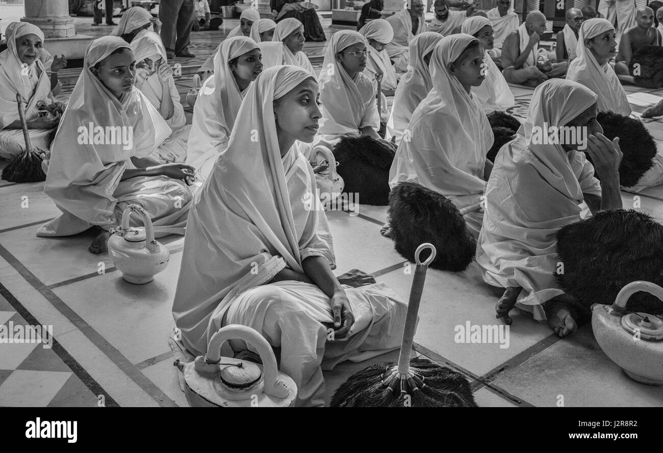 Jain Nonnen während des Chaturmas-Festivals mit Pfau Feder Bürsten und Trinkwasser Töpfe im Digambara Tempel in Ajmer, Rajasthan, Indien. Stockfoto