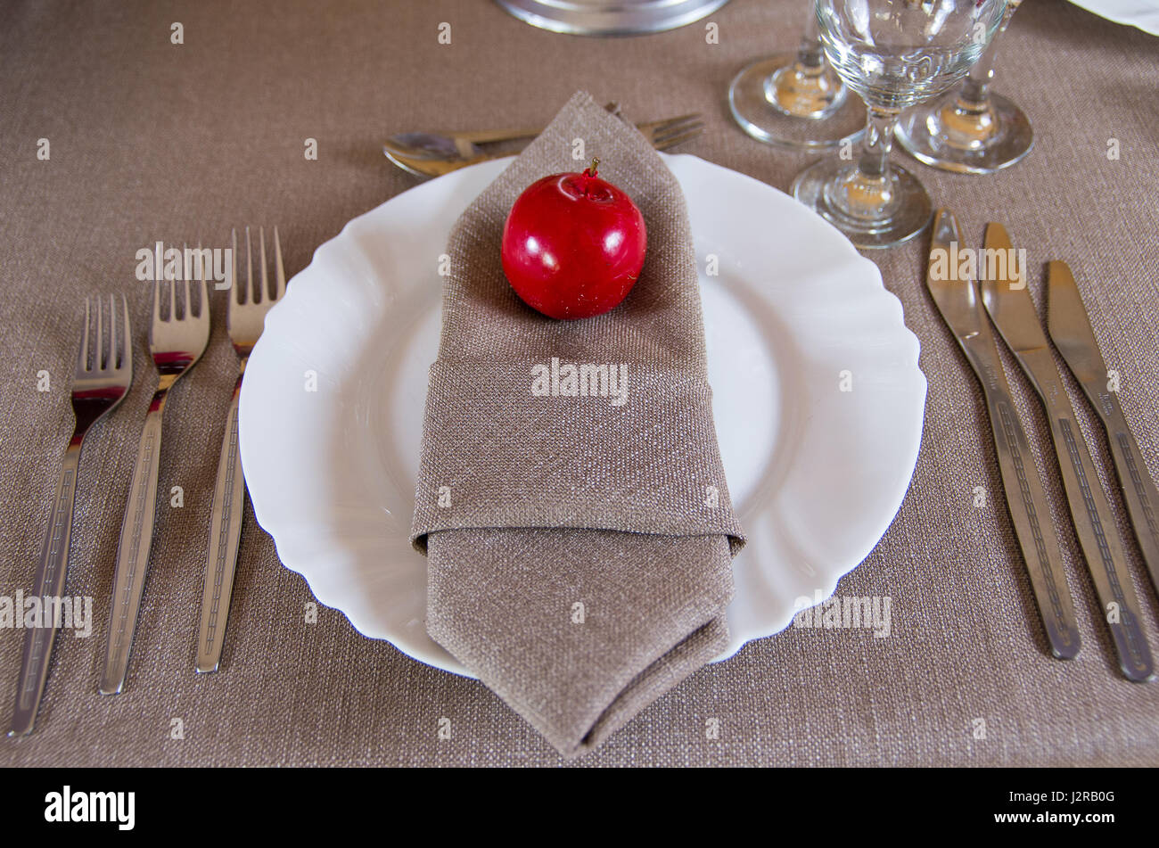 Tisch Besteck und Servietten Textil Stockfoto