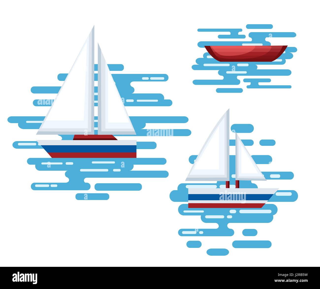 Satz von kleinen Booten und Bojen mit blauen Meer Hintergrund und isoliert auf weiss. Seite Ansicht Abbildung. Stock Vektor