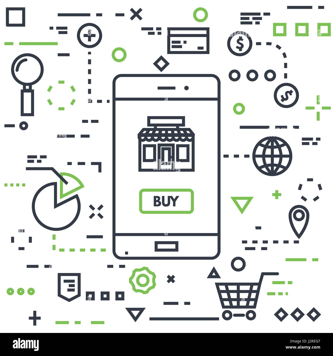 Mobile marketing-Konzept. Linie flach Stil-Vektor-Illustration. Handy mit Taste "kaufen" und Online-Shop Shop. Linien und Punkte auf Hintergrund. Warenkorb, Stock Vektor