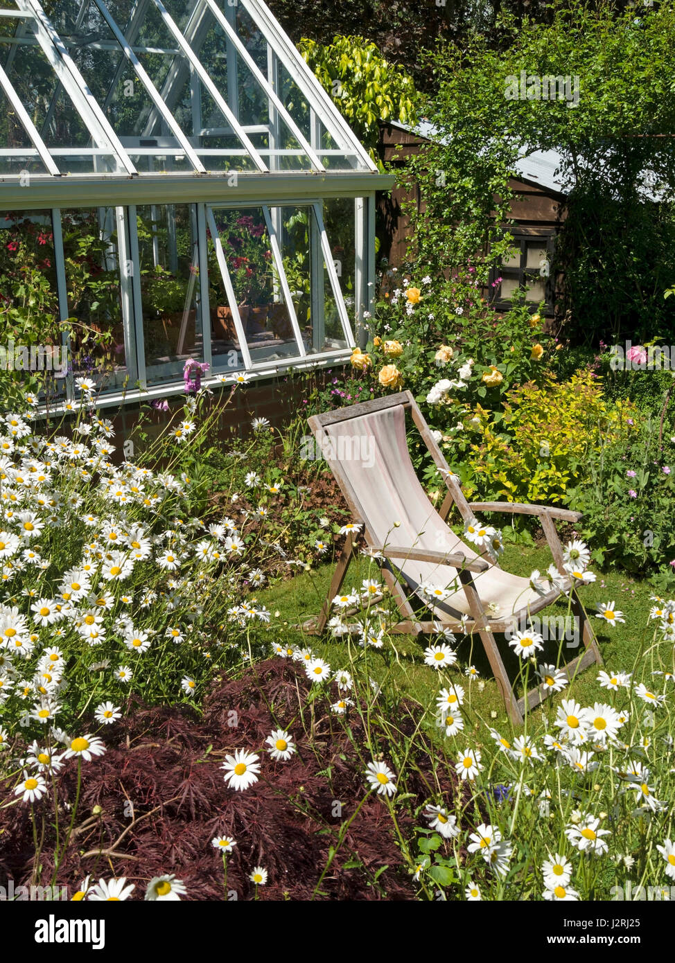 Kleine Rasenflächen Garten mit blühenden Grenzen, Liegestuhl und Gewächshaus, Barnsdale Gärten, Oakham, Rutland, England, UK. Stockfoto