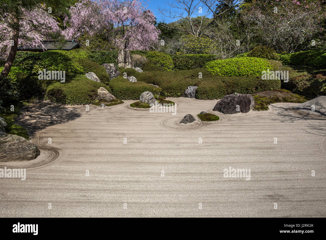 Meigetsuin-Zen-Garten - der Karesansui-Zen-Garten geharkt Sand, Felsen und Pflanzen im Meigetsuin Tempel Garden steht für legendäre Mount Mitglied oder Sume Stockfoto