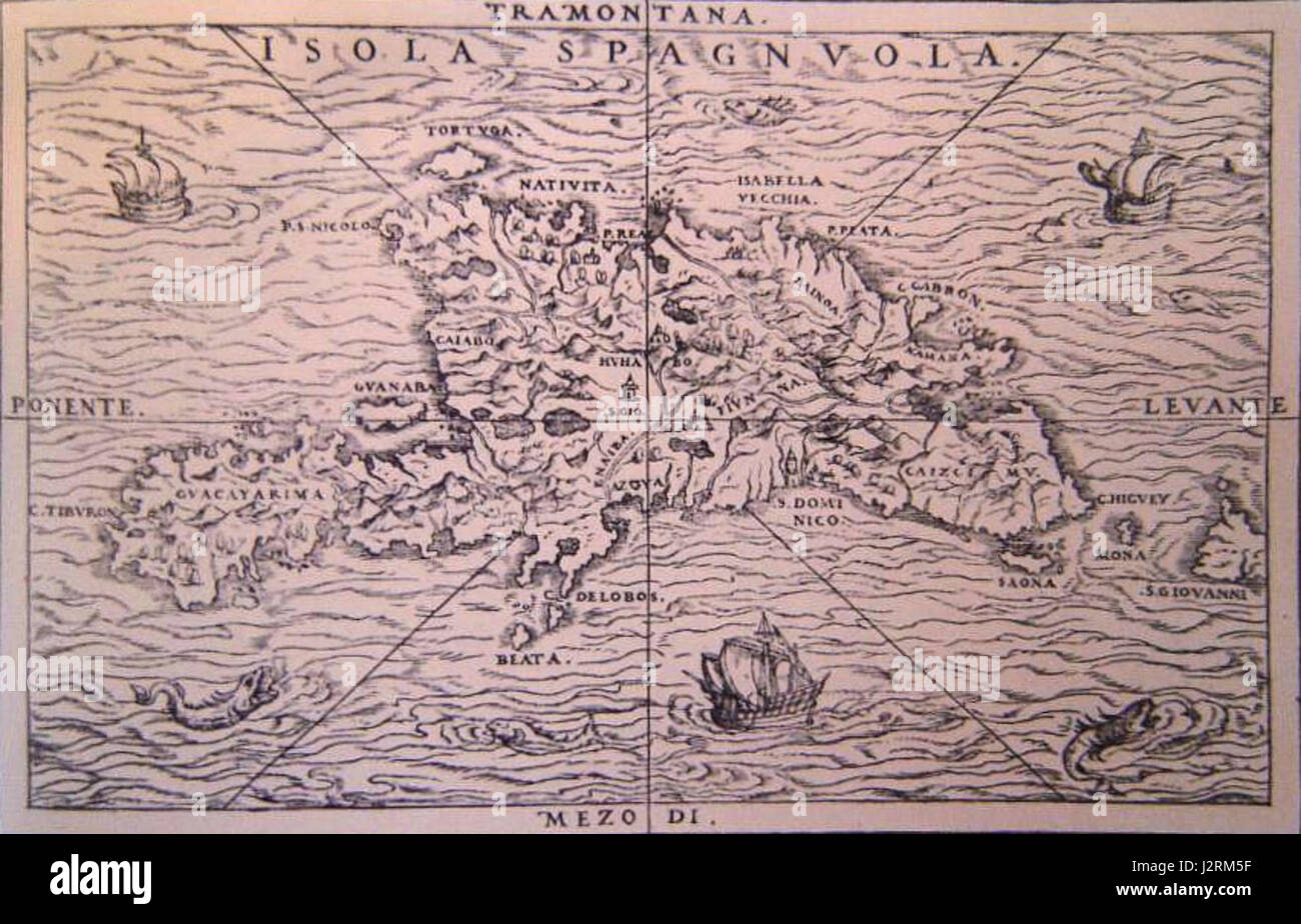 Dies bezieht sich auf die Insel Hispaniola im 15. Jahrhundert, insbesondere in der frühen Kolonialzeit. Es war ein kritischer Ort im Spanischen Reich und spielte eine wichtige Rolle bei der Erforschung und Kolonialisierung der Neuen Welt. Stockfoto