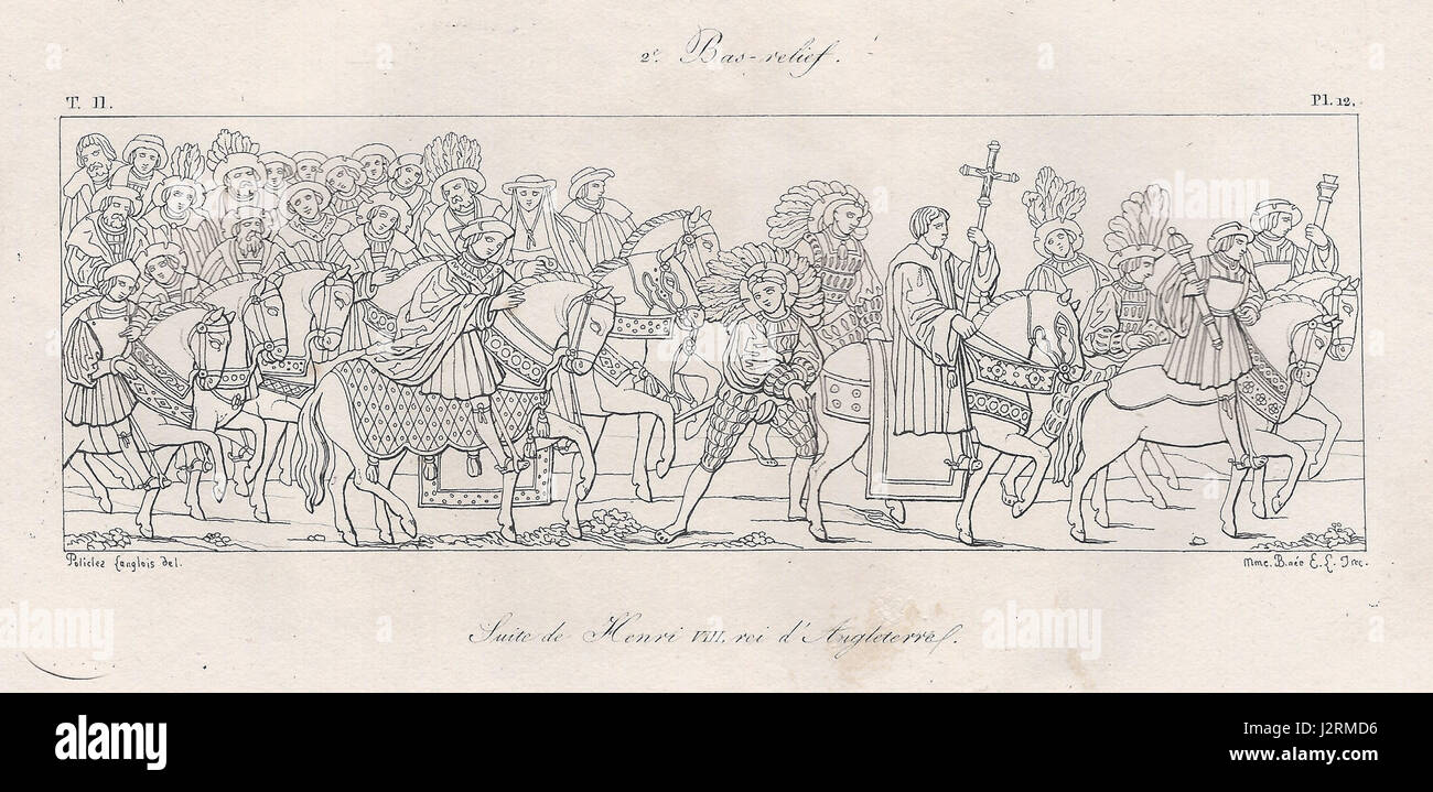 Dieses Basrelief zeigt eine Fortsetzung von Szenen, die mit Heinrich VIII., dem König von England, verbunden sind. Es zeigt die Herrschaft des Königs und seinen Einfluss auf die englische Geschichte und Kunst. BAS-Reliefs werden oft verwendet, um historische Figuren in künstlerischer, skulpturaler Form darzustellen. Stockfoto