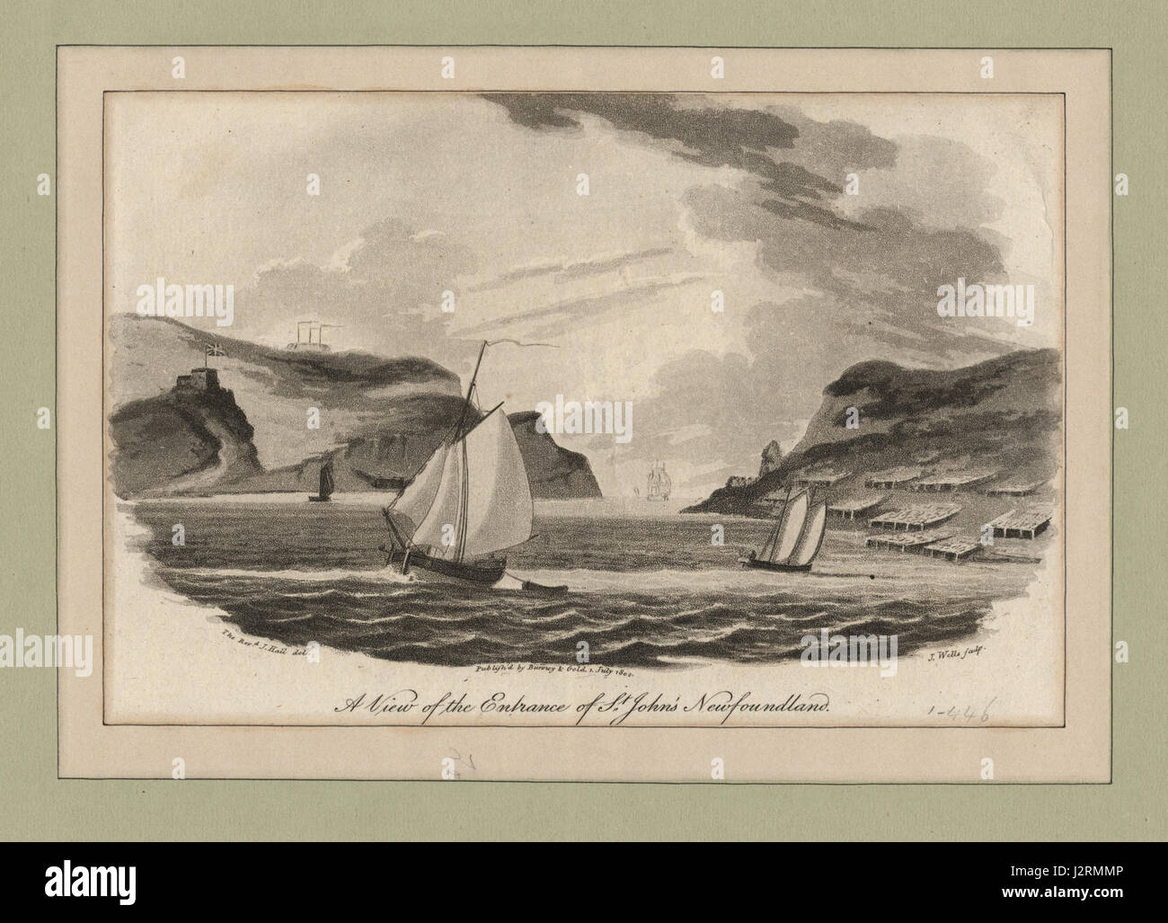 Ein historisches Bild, das den Eingang zu St. John's, Neufundland, einem wichtigen Hafen und Kulturzentrum in Kanada, zeigt und den Hafen und die umliegende Landschaft einfängt. Stockfoto