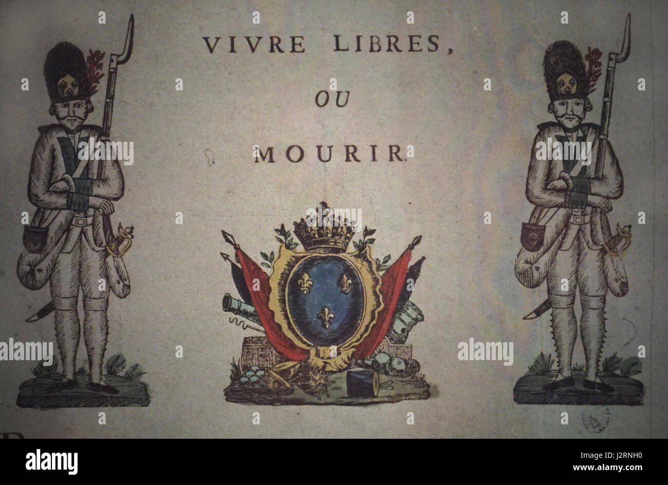 Dieser Titel bezieht sich auf das Motto „Vivre libre ou mourir“, was übersetzt wird mit „frei leben oder sterben“. Sie wird oft mit der Französischen Revolution in Verbindung gebracht und symbolisiert den Kampf für Freiheit und Unabhängigkeit. Der Kontext, in dem es verwendet wird, bezieht sich auf das 132. Infanterieregiment, das für seine historische Bedeutung im Kontext militärischer oder revolutionärer Kämpfe bekannt ist. Stockfoto