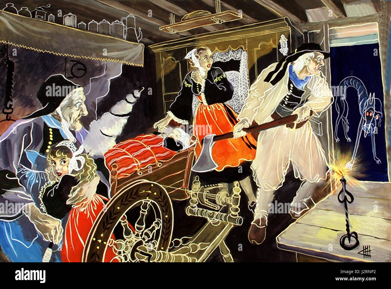 Dieses Bild zeigt eine traditionelle Darstellung eines Werwolfs oder „Loup-garou“, einer mythischen Kreatur aus der europäischen Folklore, die oft mit Wandlungen und dem Vollmond in Verbindung gebracht wird. Stockfoto