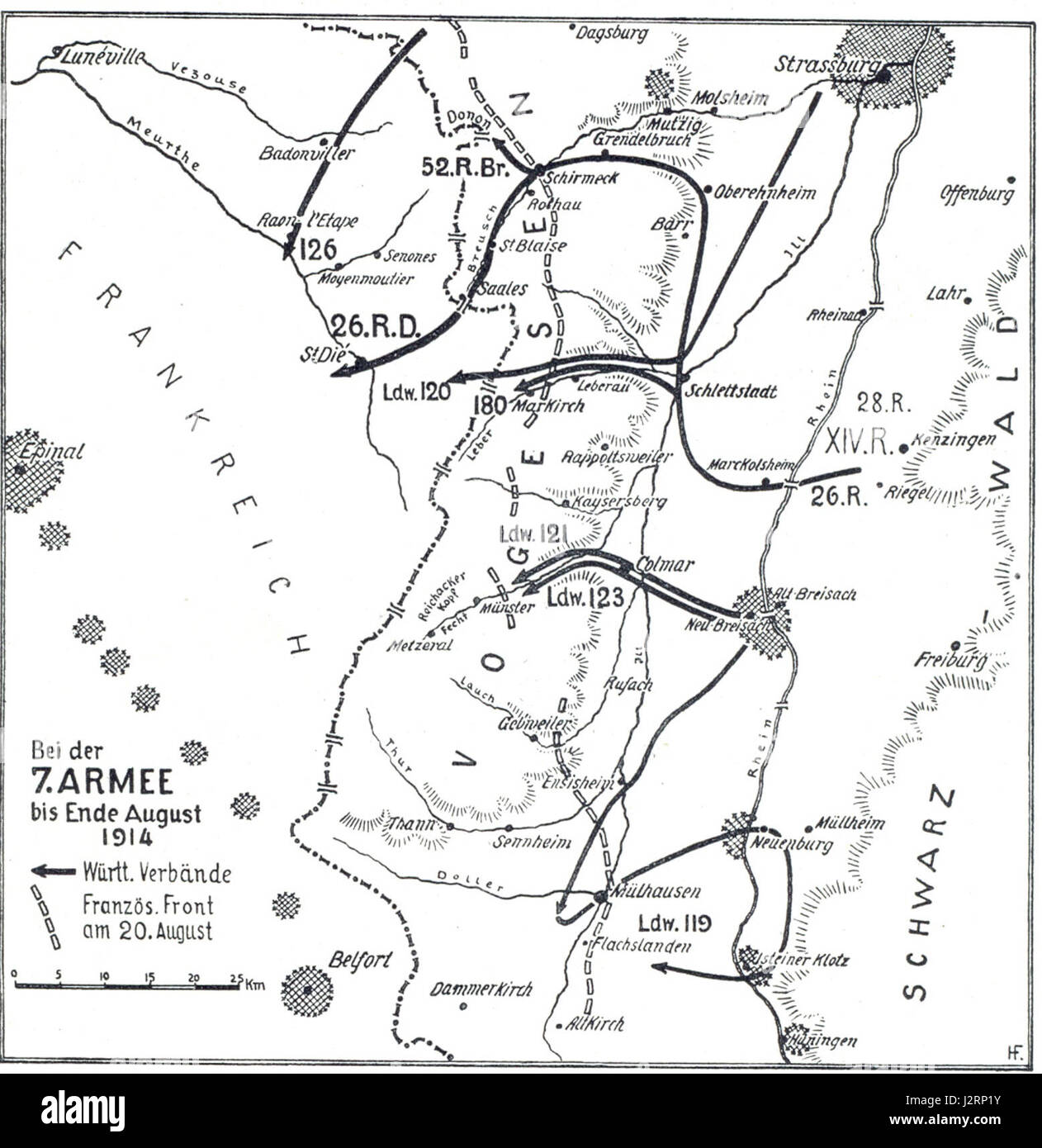 Dies bezieht sich auf die 7. Deutsche Armee während des Ersten Weltkriegs, insbesondere im August 1914, einem wichtigen Moment zu Beginn des Krieges, als die deutschen Truppen für den Konflikt mobilisierten. Stockfoto