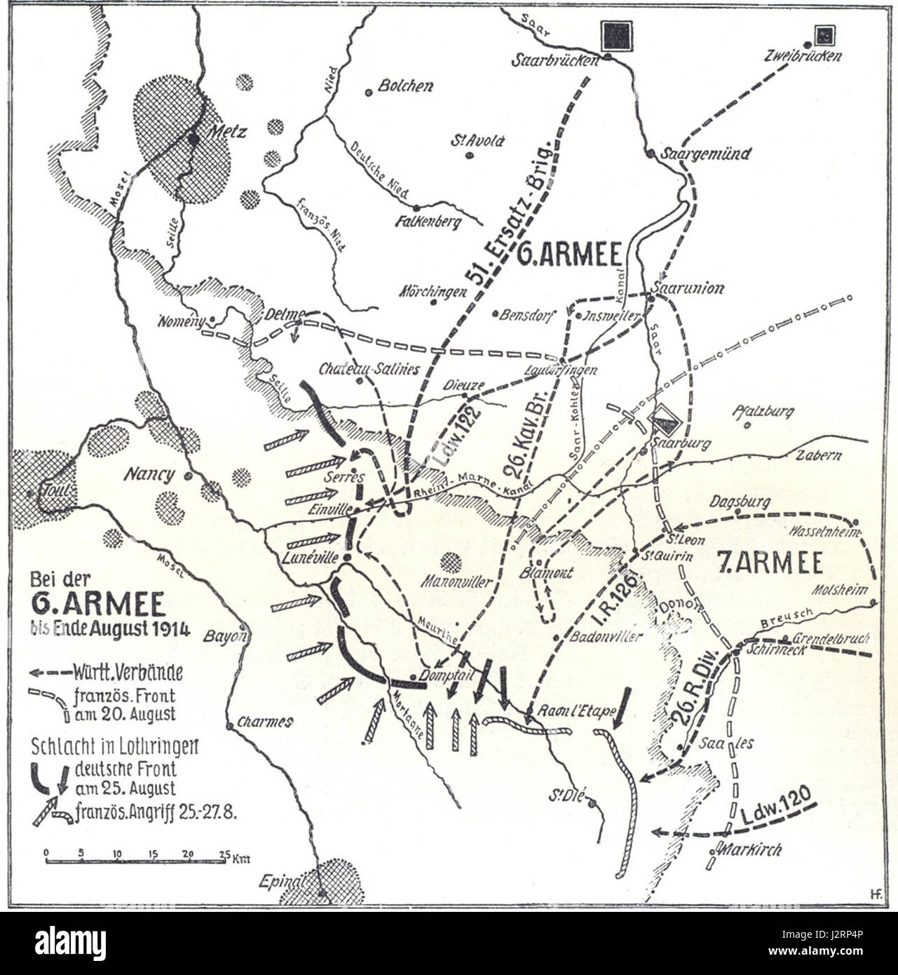 Dieser Titel bezieht sich auf die 6. Deutsche Armee während des Ersten Weltkriegs, insbesondere im August 1914. Die 6. Armee spielte eine wichtige Rolle bei frühen militärischen Operationen an der Westfront während der Anfangsphase des Krieges. Stockfoto